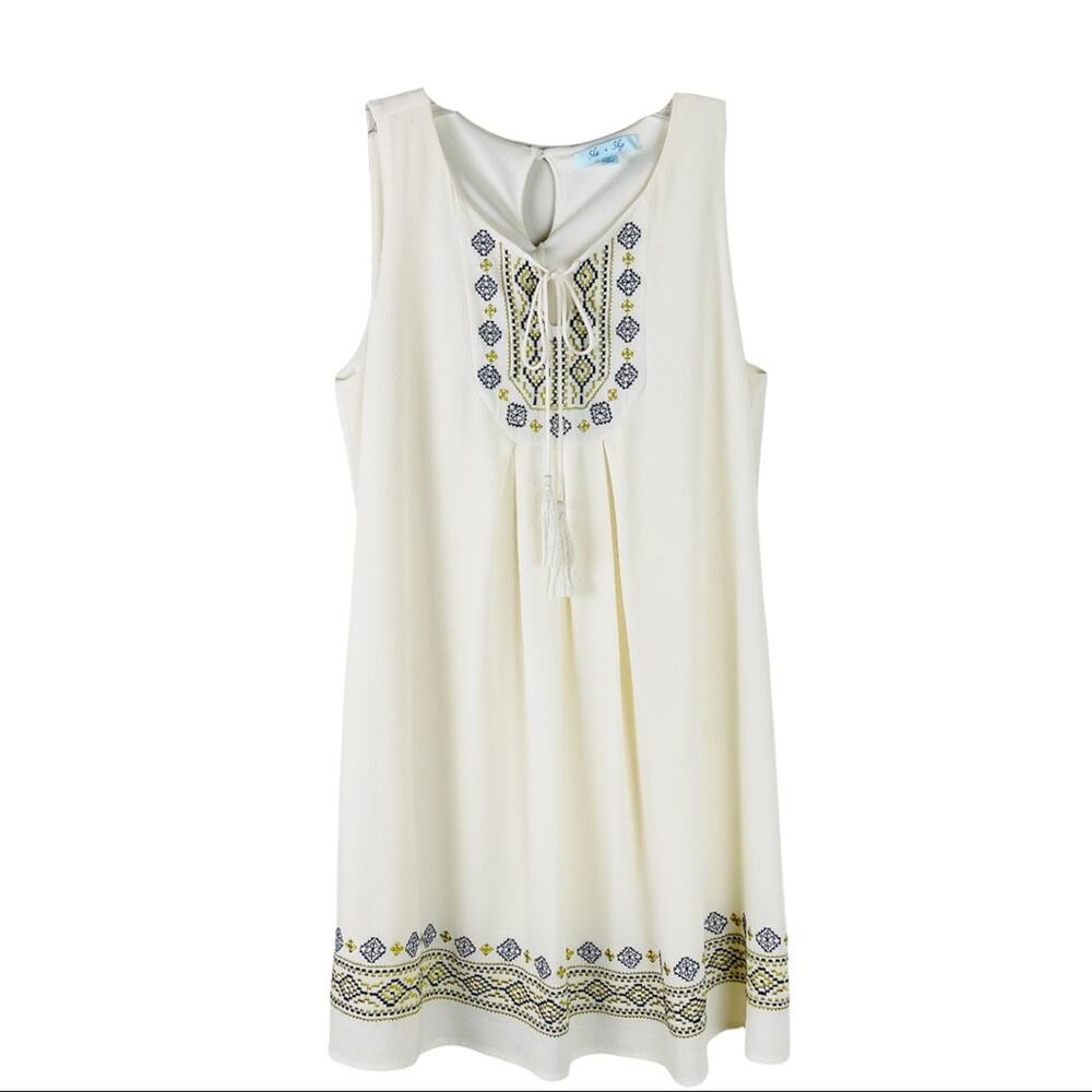 She + Sky cream blue gold embroidered boho tassel crepe chiffon sheath dress